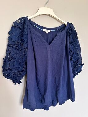 Umgee Navy Crochet Sleeve Blouse